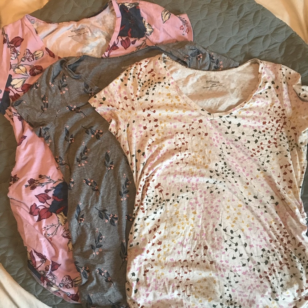 3 motherhood maternity t-shirts with side ruching.